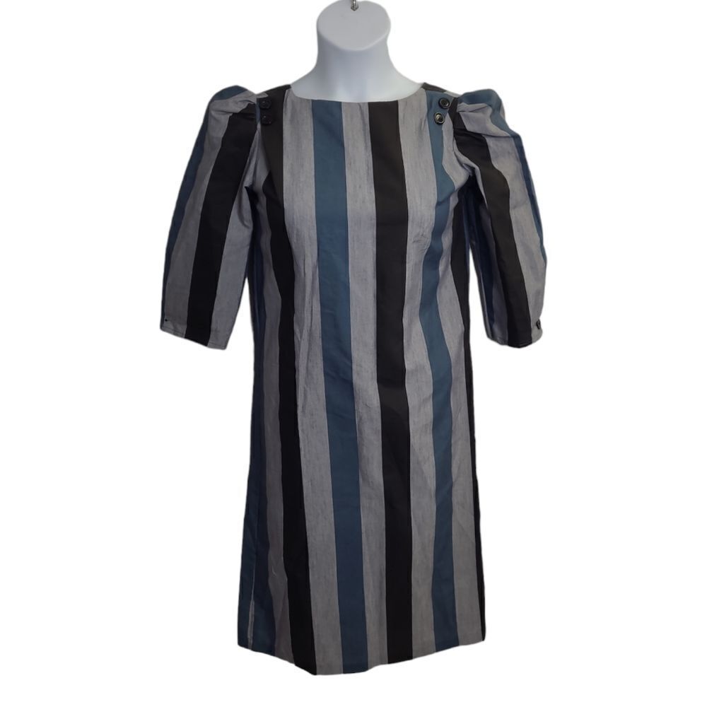 VINTAGE 70s striped puff sleeve button up back shift dress S‎
